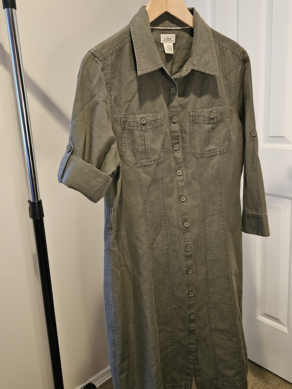 L.L. Bean Olive Green Button-Front Shirt Dress